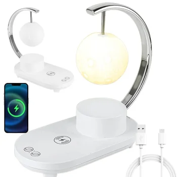 Mėnulio formos RGB naktinė lemputė su 10W belaidžiu įkrovikliu ir „Bluetooth“ garsiakalbiu