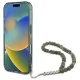 Guess dėklas iPhone 16 Plus telefonui IML Glitter MagSafe su perlų dirželiu, žalias