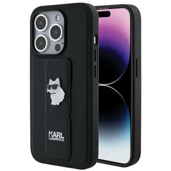 Karl Lagerfeld dėklas iPhone 14 Pro Gripstand Saffiano Choupette Pin, juodas