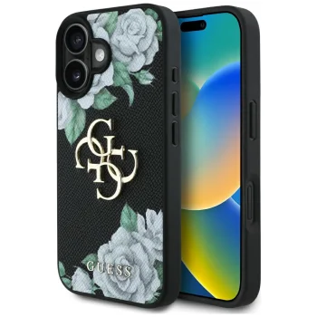 Guess Grained Roses Big 4G Logo Case for iPhone 16 - Black