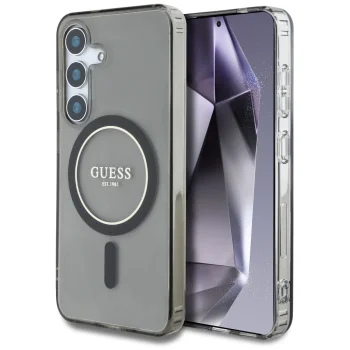 Guess Glitter Circle MagSafe dėklas Samsung Galaxy S25 telefonui, juodas