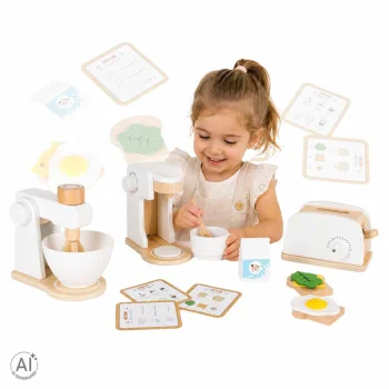 Wooden Play Kitchen Appliance Set for Kids: Toaster, Coffee Maker and Mixer, 16 Pieces