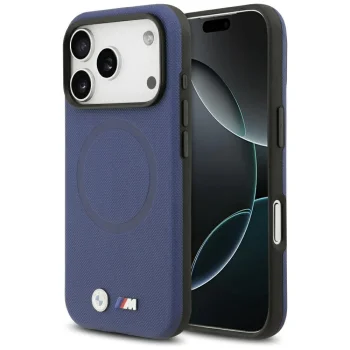 BMW dėklas iPhone 17 Pro telefonui M FW Metal Logo MagSafe, tamsiai mėlynas