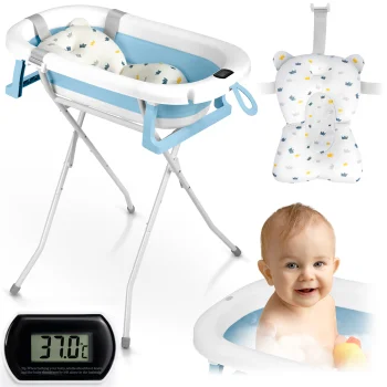 Sulankstoma kūdikių vonelė Ricokids RK-287 su stovu ir pagalvėle, balta/mėlyna