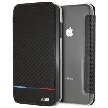 BMW Carbon Tricolor Stripe iPhone XS Max atverčiamasis dėklas, juodas