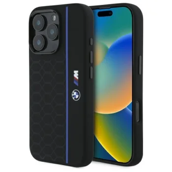 BMW dėklas iPhone 16 Pro telefonui Silicone Hexagon Blue Line MagSafe, juodas