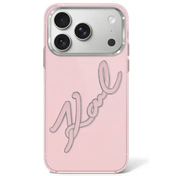 Karl Lagerfeld IML Big Signature Resin Metal Frame dėklas iPhone 17 Pro / 18 Pro, rožinis