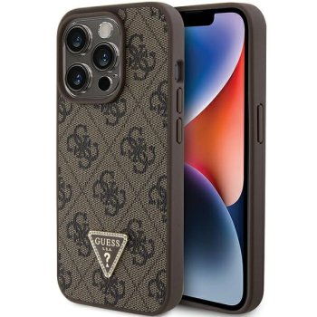 Guess Leather 4G Triangle Strass dėklas iPhone 15 Pro telefonui, rudas