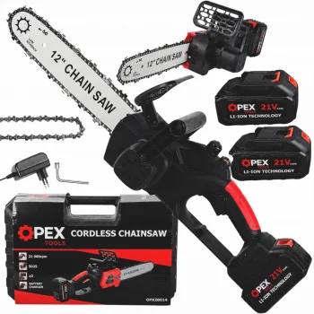 Akumuliatorinis grandininis pjūklas OPEX TOOLS OPX28014, 12" 21V 3.0Ah, juodas/raudonas