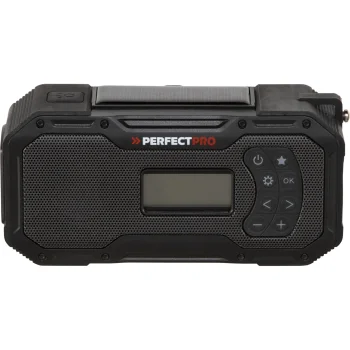 Avarinis radijas PerfectPro E-100 DAB+ FM Bluetooth su rankena ir saulės moduliu, juodas
