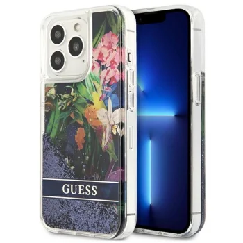 Guess Flower Liquid Glitter dėklas Apple iPhone 13 Pro / 13, Mėlynas