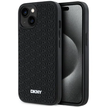 DKNY dėklas iPhone 15 Plus telefonui 3D Rubber Repeat Pattern, juodas