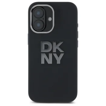 DKNY Liquid Silicone Metal Logo dėklas, skirtas iPhone 16, juodas