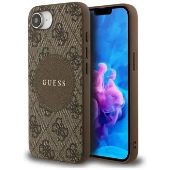 Guess 4G Circle Classic Logo MagSafe dėklas telefonui iPhone 16e, rudas