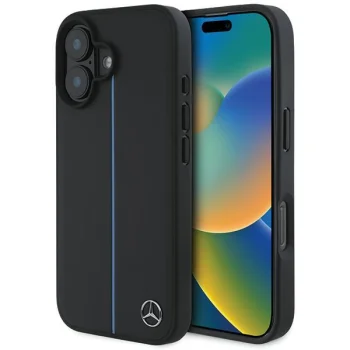 Mercedes dėklas iPhone 16 telefonui Blue Line Leather MagSafe, juodas