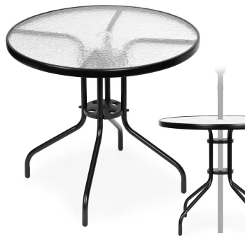 Multigarden Round Garden Table, Glass, 80 cm, Umbrella Hole, Black