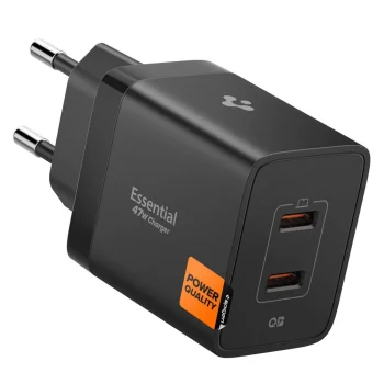 Tinklo įkroviklis Spigen Essential EE472EU 2-port USB-C 47W GaN - juodas