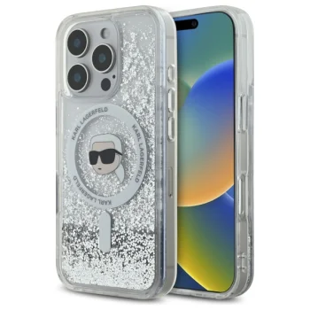 Karl Lagerfeld iPhone 16 Pro dėklas Liquid Glitter Karl Head MagSafe, skaidrus