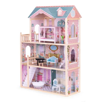 Ecotoys didelis medinis lėlių namas, 3 aukštai, 11 baldų