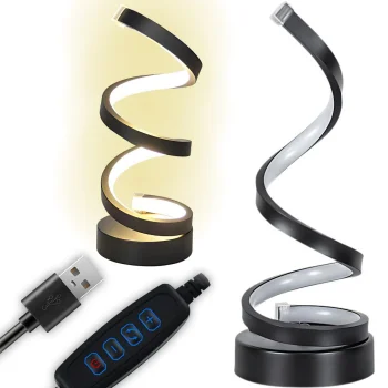 Spiralinė LED stalinė lempa su USB, 3 šviesos spalvos, juoda