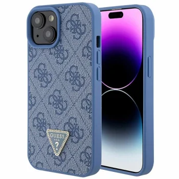 Guess Leather 4G Triangle Strass dėklas iPhone 15 telefonui, mėlynas