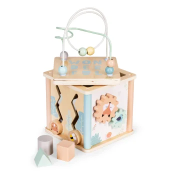ECOTOYS wooden activity cube with maze, shape sorter, gears and clock