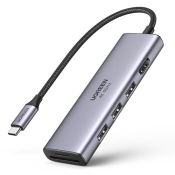 Ugreen 6-in-1 USB-C šakotuvas - 3x USB 3.2 / HDMI 4K 60Hz / SD / TF, pilkas
