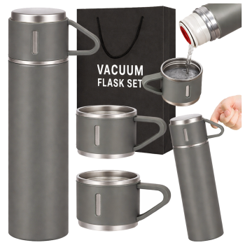 Travel Thermos 400ml with 3 Cups Stainless Steel, Grey