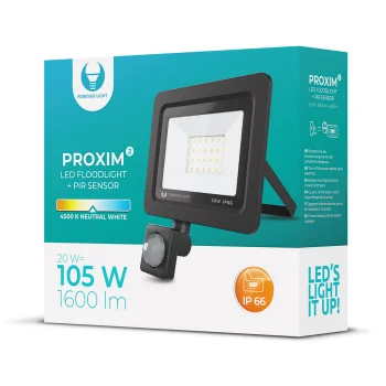LED prožektorius Forever Light Proxim II 20W su PIR jutikliu, 4500K, IP66, juodas