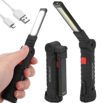 Sulankstomas LED darbinis žibintas su magnetu ir kabliuku, USB