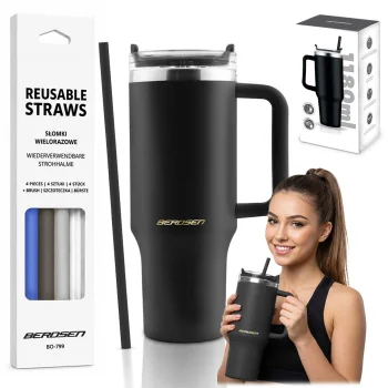 Berdsen Vacuum Thermos Mug with Straw Set, 1180 ml, Black