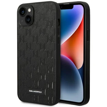 Karl Lagerfeld Saffiano Mono Metal Logo dėklas iPhone 14 Plus telefonui, juodas