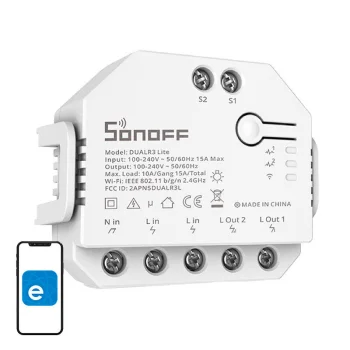 Sonoff DUALR3 Lite išmanusis 2 kanalų Wi-Fi relinis jungiklis 15A