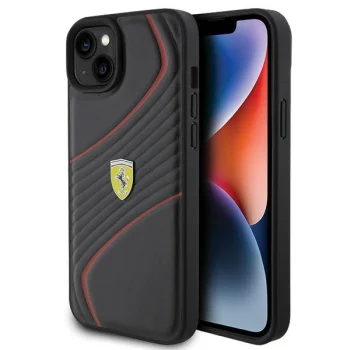 Ferrari Twist Metal Logo dėklas, skirtas iPhone 15 Plus, juodas