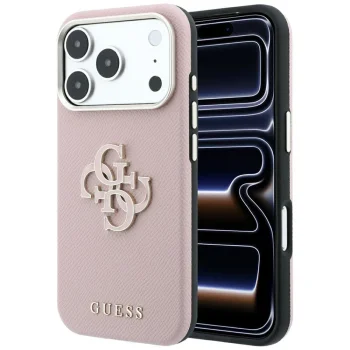 Guess Grained & Big Resin Logo dėklas iPhone 18 Pro / 17 Pro, rožinis