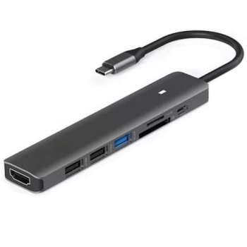 Extra Digital USB-C šakotuvas-adapteris HDMI, 3x USB, SD, TF, PD 100W