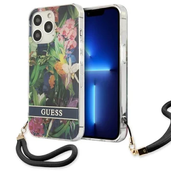 Guess Flower Strap dėklas telefonui iPhone 13 / 13 Pro, mėlynas