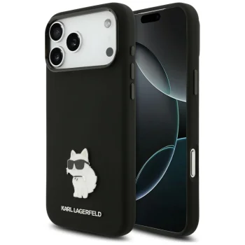 Karl Lagerfeld Choupette Metal Pin silicone case for iPhone 18 Pro Max / 17 Pro Max, black