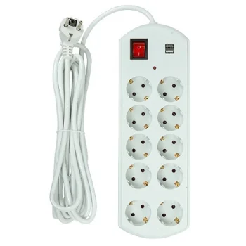 Ilgiklis 5 m, 10 lizdų, 2x USB, su jungikliu, baltas