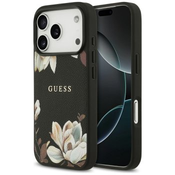 Guess Grained Flowers Classic Logo MagSafe dėklas, skirtas iPhone 17 Pro, juodas
