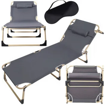 Folding Camping Bed / Sun Lounger with Adjustable Backrest, Grey
