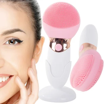 Electric Sonic Facial Cleansing Brush Massager with Stand, Pink