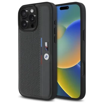 BMW dėklas iPhone 16 Pro telefonui M Perforated Tricolor Detail Line, tamsiai pilkas