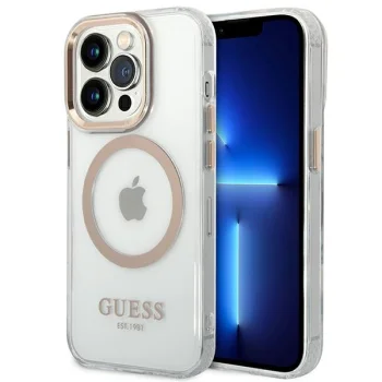 Guess Metal Outline MagSafe dėklas iPhone 14 Pro, skaidrus / auksinis