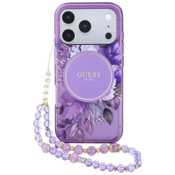 Guess IML Flowers Pearl Strap MagSafe case for iPhone 18 Pro Max / 17 Pro Max, purple