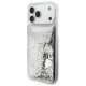 Guess Liquid Glitter Charms dėklas iPhone 17 Pro telefonui, sidabrinis
