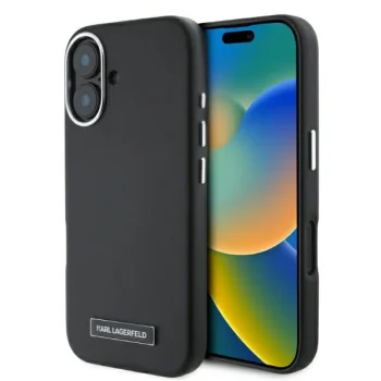 Karl Lagerfeld dėklas iPhone 16 telefonui, FW Metal Plate MagSafe, juodas