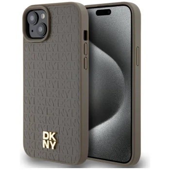 DKNY Leather Monogram MagSafe dėklas iPhone 15 Plus telefonui, rudas