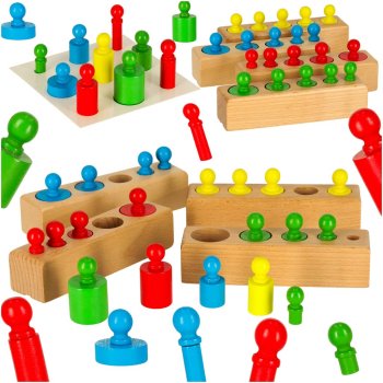 Mediniai „Montessori“ cilindrai ir svarmenys, spalvota dėlionė vaikams