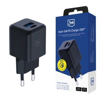 3mk Hyper GaN įkroviklis 20W USB-C USB-A QC4+ PD PPS, juodas